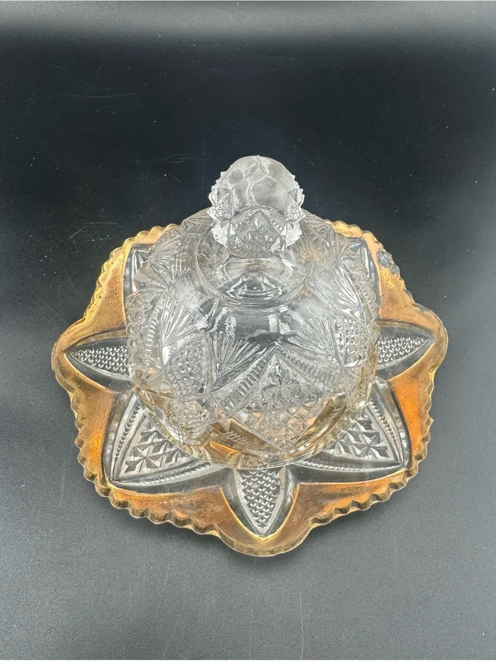 Antique EAPG Butter Dome with Star Motif - Clear and Gold Trim